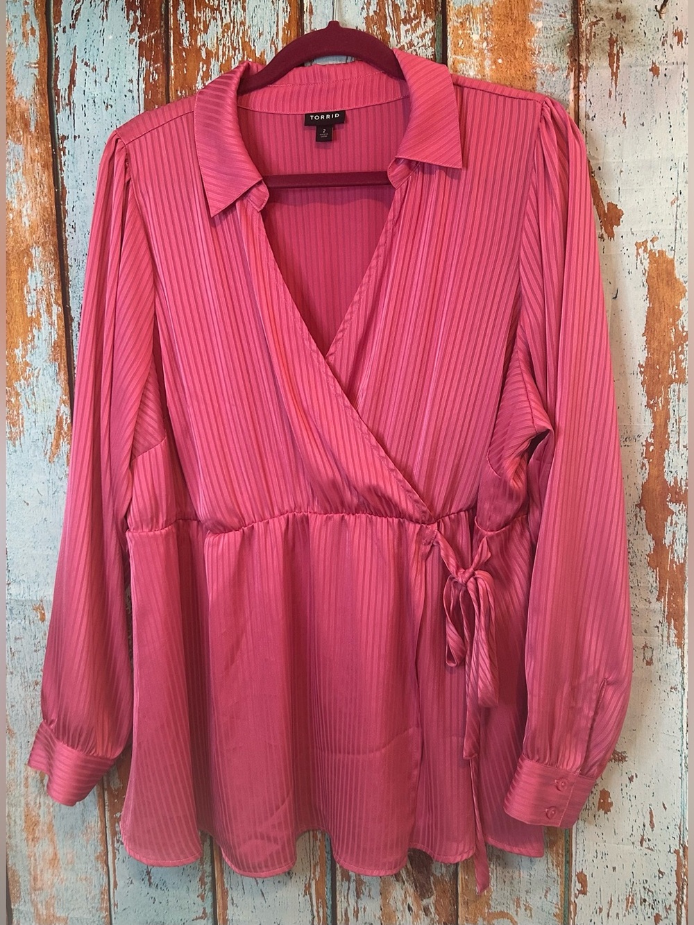 torrid Hot Pink Satin-Like Wrap Blouse with Tie